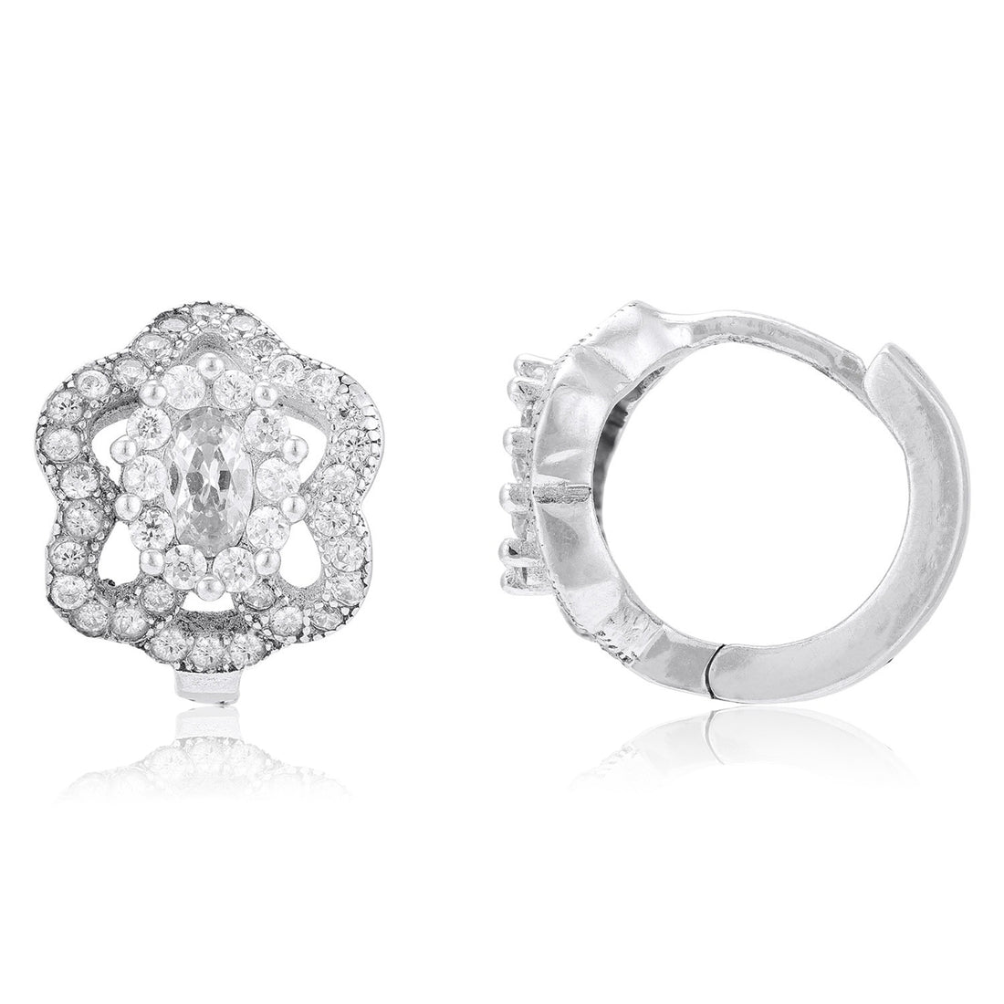 925 Sterling Silver Regal Crystal Encrusted Floral Marquise Centerpiece Rhodium Plated Earrings for Women