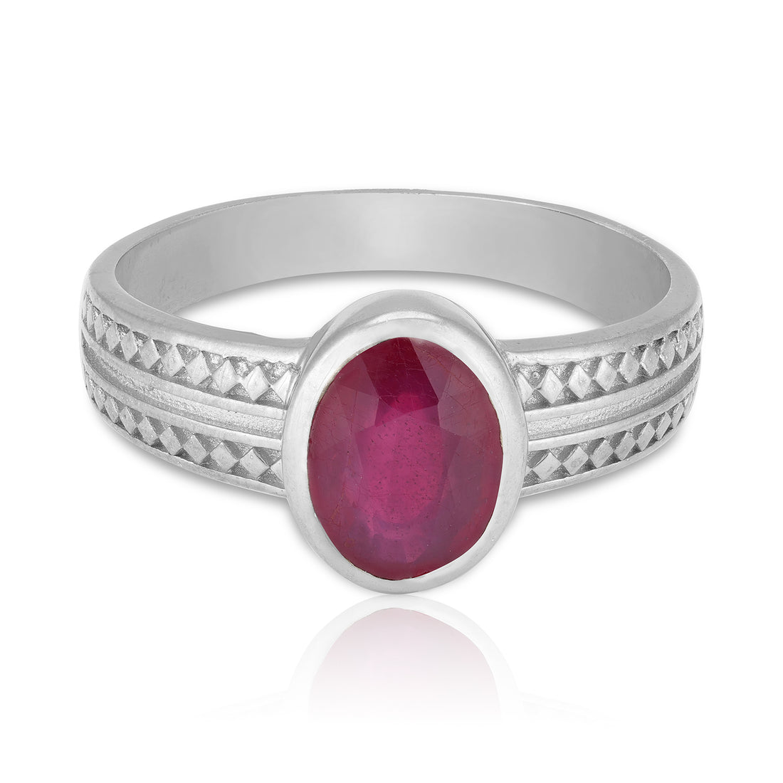 925 Sterling Silver Regal Ruby Gemstone Twin-Lined  Band Embossed Diamond-Cut Pattern Ring for Men