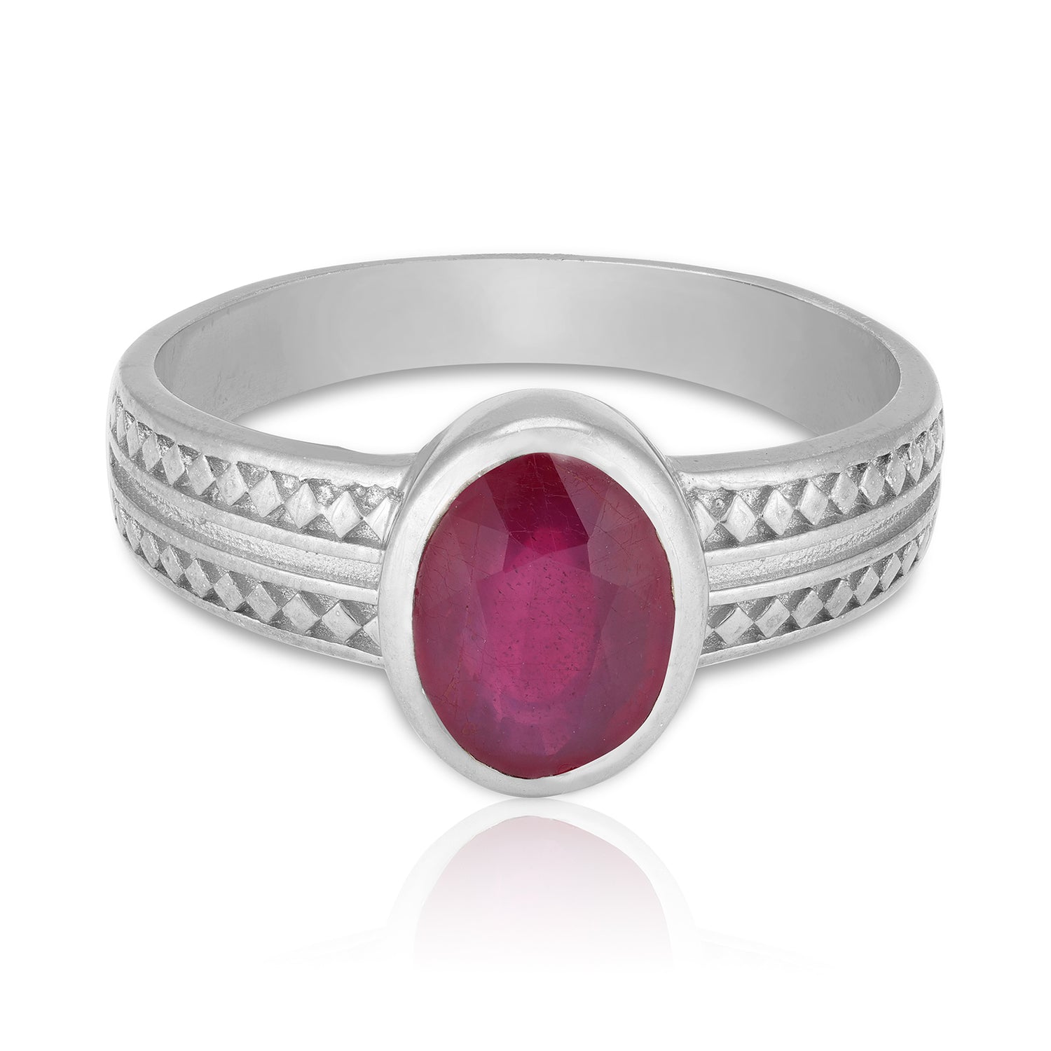 925 Sterling Silver Regal Ruby Gemstone Twin-Lined  Band Embossed Diamond-Cut Pattern Ring for Men