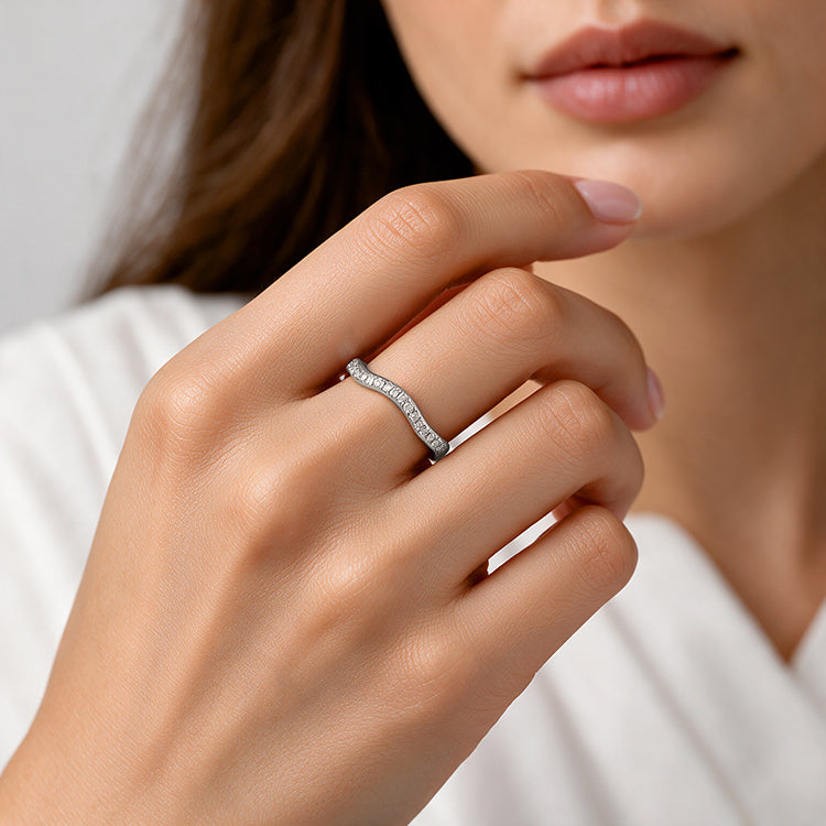 925 Sterling Silver Rhodium Plated Wave Stoned Ring