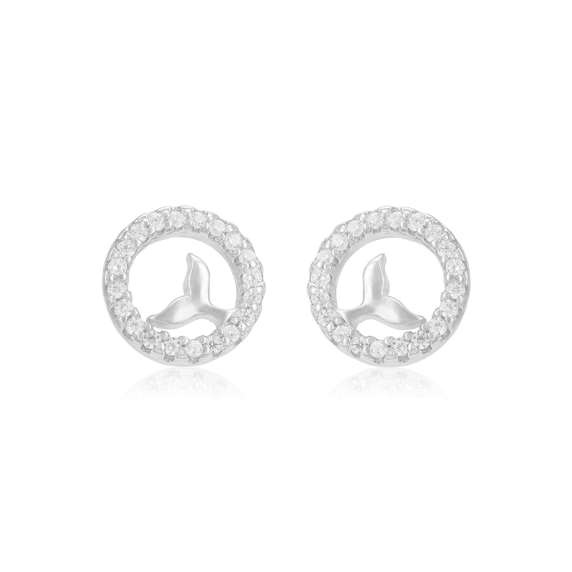 925 Sterling Silver Rhodium Circle Stoned Centre Fish Tail Design Earrings For Women