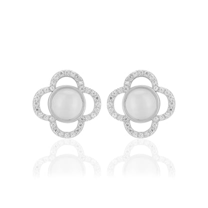 925 Sterling Silver Floral Center Pearl Earrings For Women