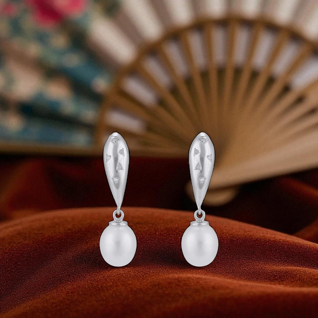 925 Sterling Silver Rhodium Matte Triangle Classic Pearl Drop Earrings for Women