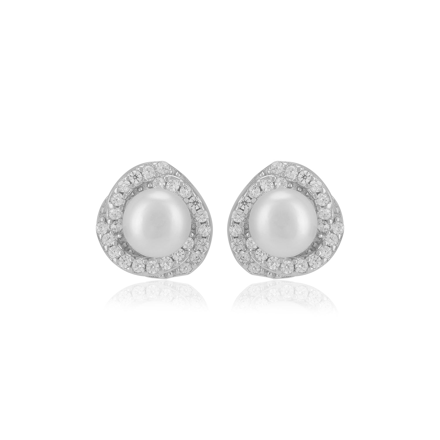 925 Sterling Silver Pearl Centred Side stones Earrings For Women
