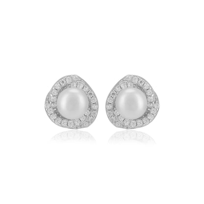 925 Sterling Silver Pearl Centred Side stones Earrings For Women