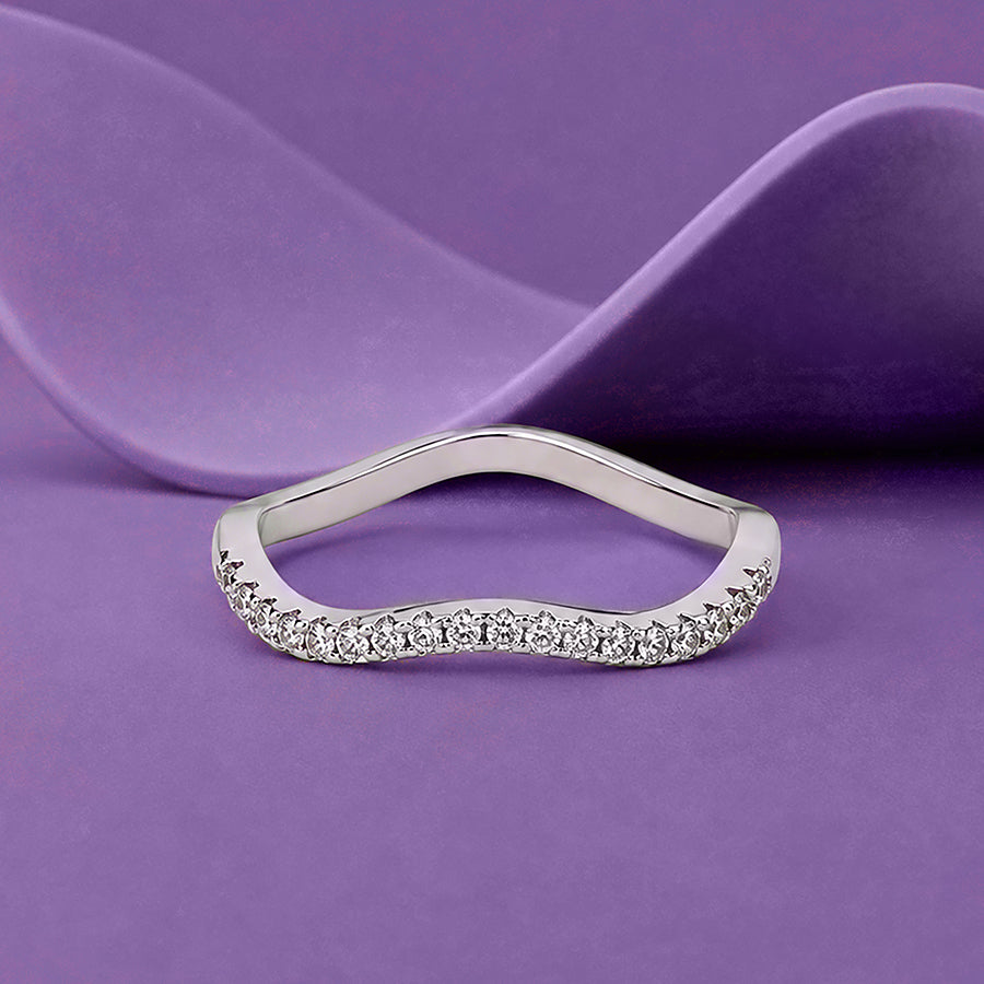 925 Sterling Silver Rhodium Plated Wave Stoned Ring