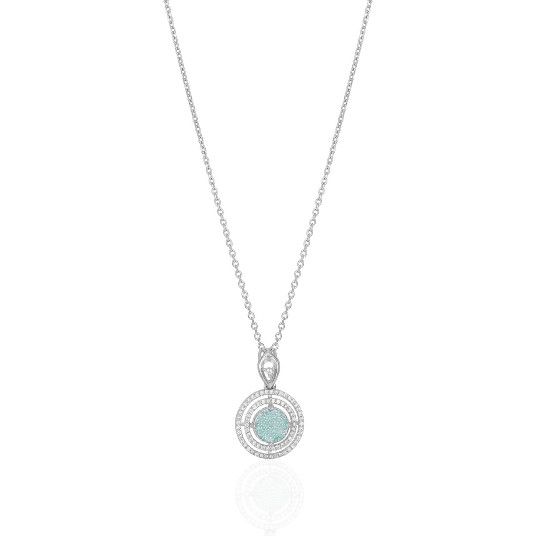 925 Sterling Silver Rhodium Plated Aqua Sparkle Triple Halo Circle Chain Pendant for Women