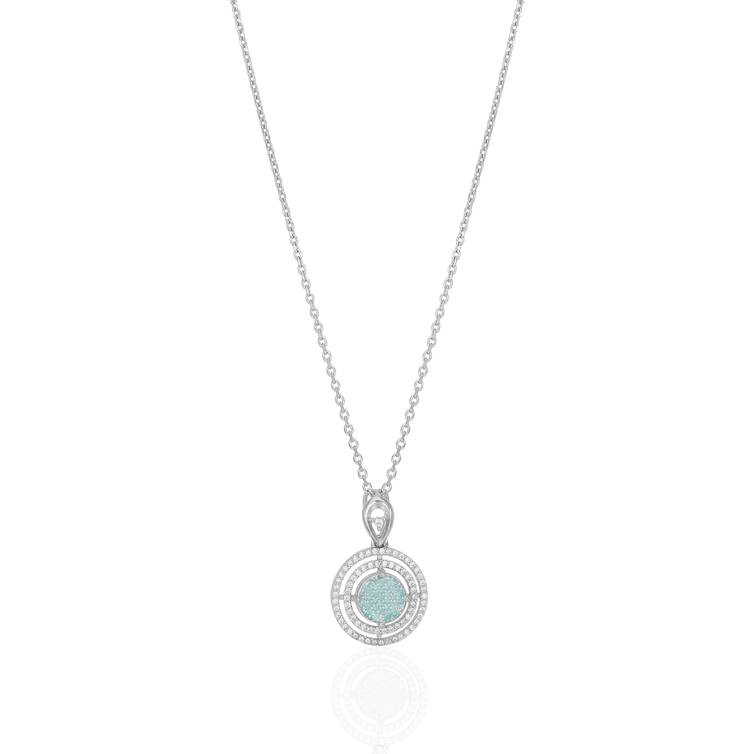 925 Sterling Silver Rhodium Plated Aqua Sparkle Triple Halo Circle Chain Pendant for Women