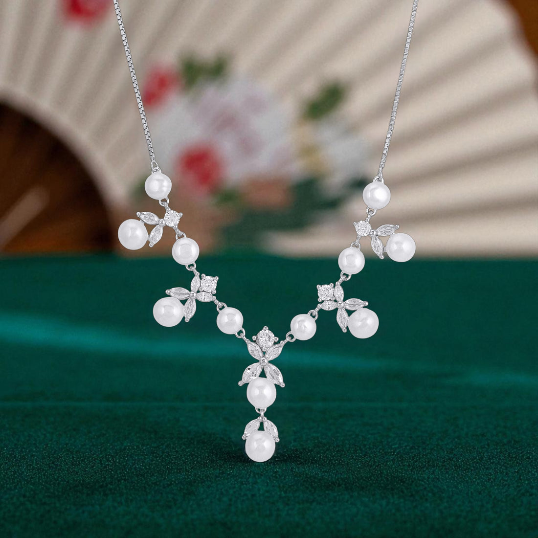 925 Sterling Silver Rhodium Plated Crystal Floral Vine Pearl Necklace for Women