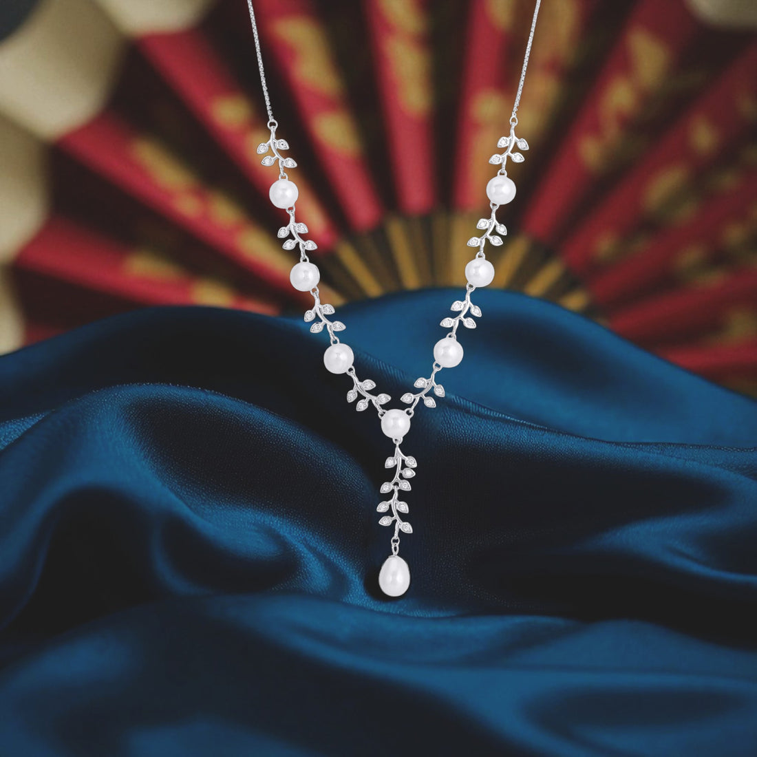 925 Sterling Silver Rhodium Plated Delicate Pearl Leaf Lariat-Style Necklace for Women