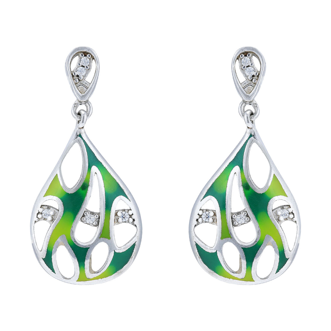925 Sterling Silver Rhodium Plated Fluid Teardrop Glossy Green Enamel White Stone Highlights Earrings for Women