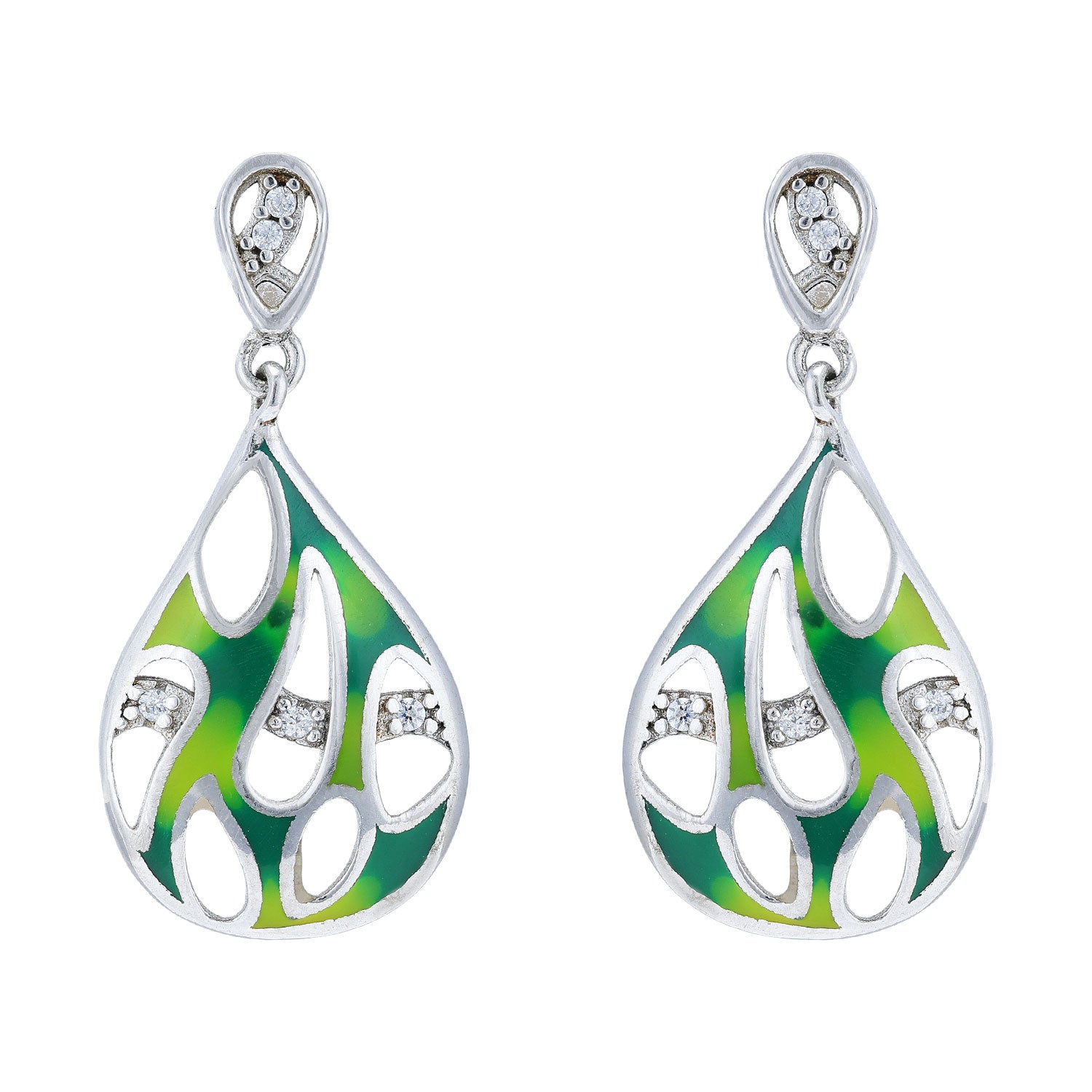925 Sterling Silver Rhodium Plated Fluid Teardrop Glossy Green Enamel White Stone Highlights Earrings for Women