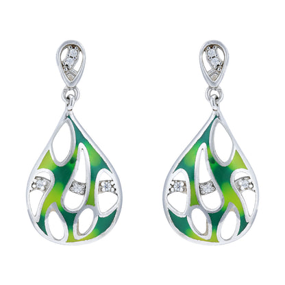 925 Sterling Silver Rhodium Plated Fluid Teardrop Glossy Green Enamel White Stone Highlights Earrings for Women