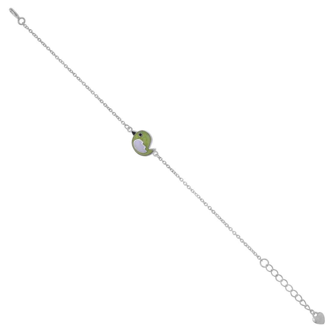 925 Sterling Silver Rhodium Plated Green Bird Charm Bracelet For Kids