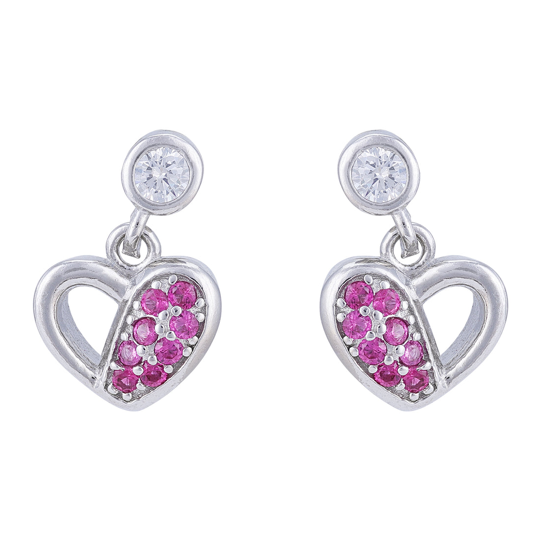 925 Sterling Silver Rhodium Plated Half-Set Pink Stone Heart Earrings For Women