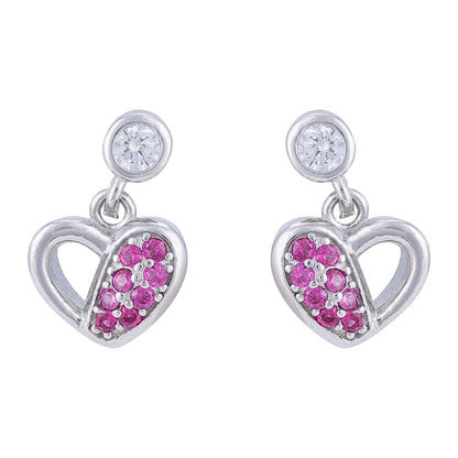 925 Sterling Silver Rhodium Plated Half-Set Pink Stone Heart Earrings For Women