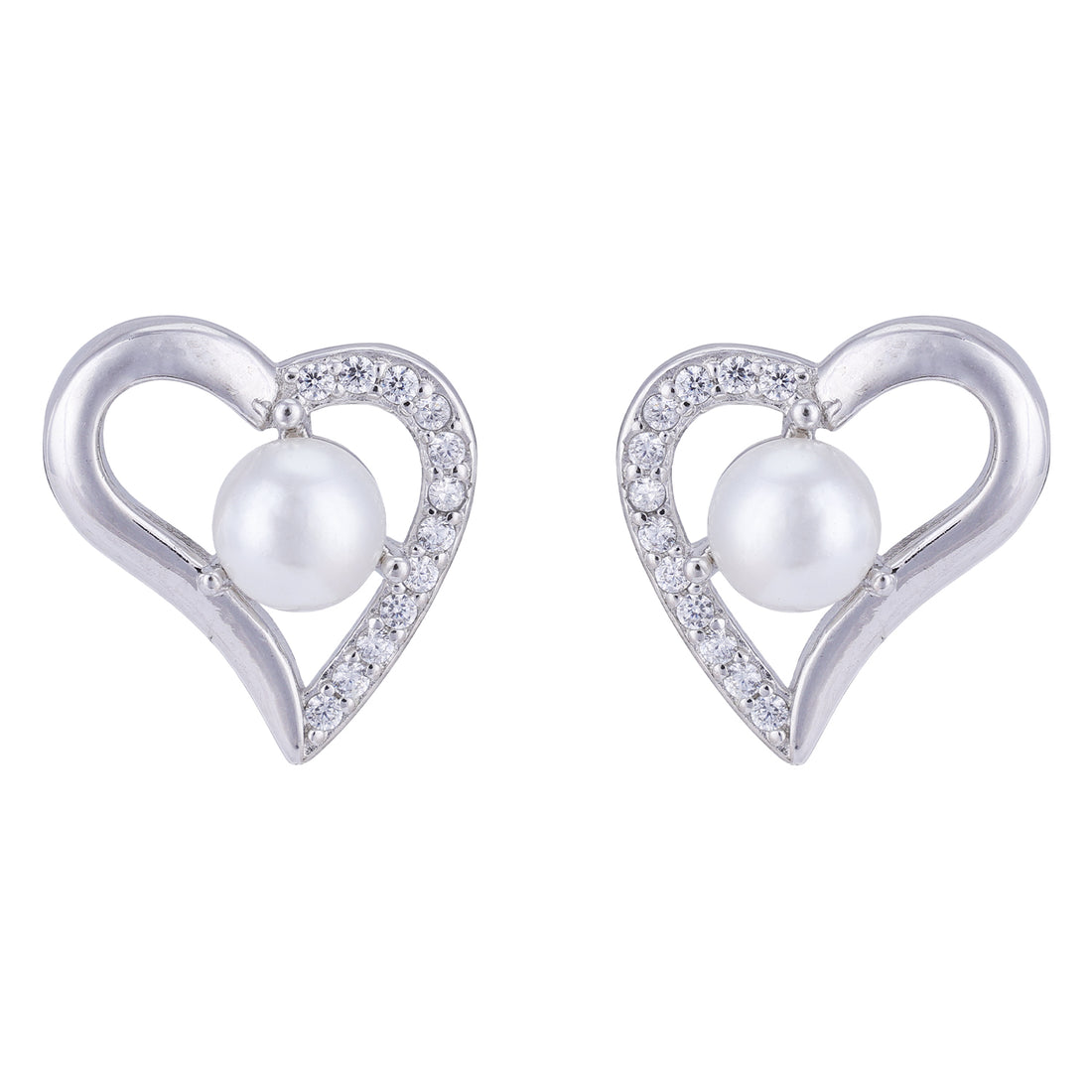 925 Sterling Silver Rhodium Plated Half Crystal Heart Pearl Earrings For Women