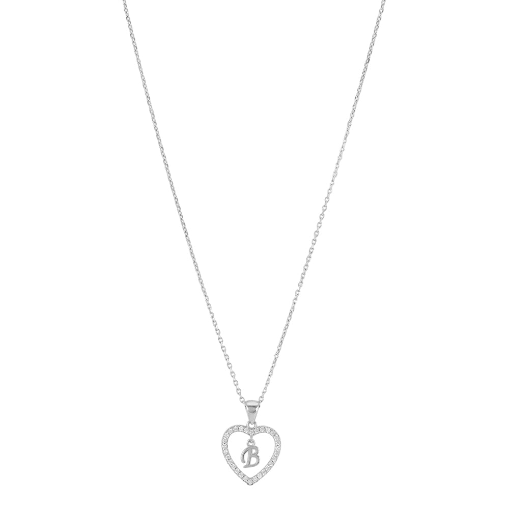 925 Sterling Silver Rhodium Plated Initial B Heart Pendant Chain For Women