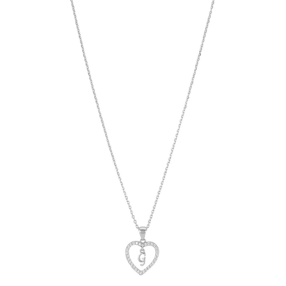 925 Sterling Silver Rhodium Plated Initial G Heart Pendant Chain For Women