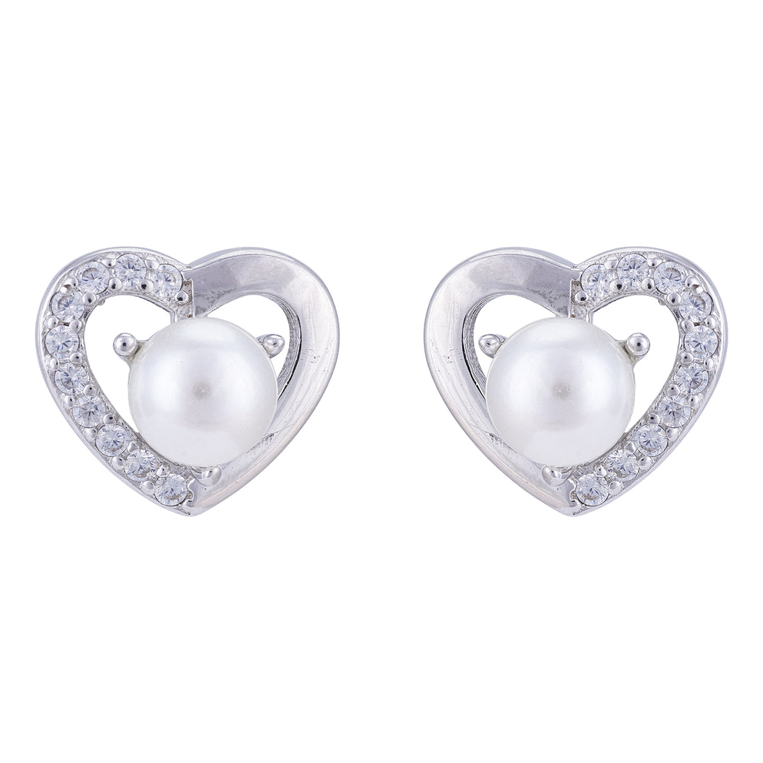 925 Sterling Silver Rhodium Plated Open Heart Pearl Earrings For Women