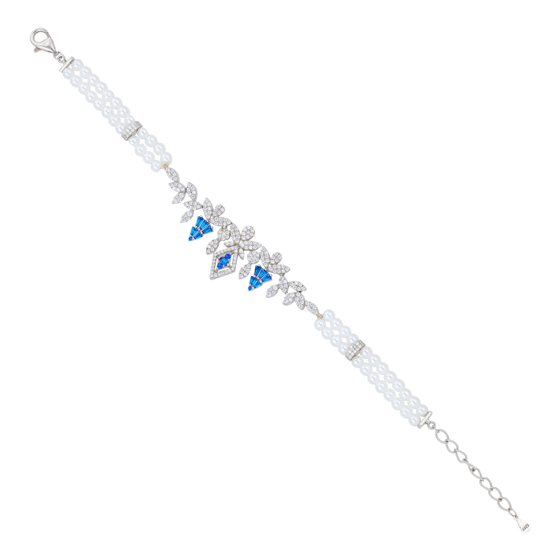 925 Sterling Silver Rhodium Plated Pearl Strand Blue Stone Leaf Vines Bracelet for Women