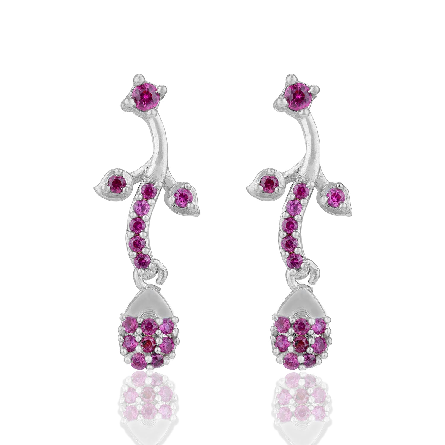 925 Sterling Silver Rhodium Plated Pink Blossom Vine Drop Earrings for Women
