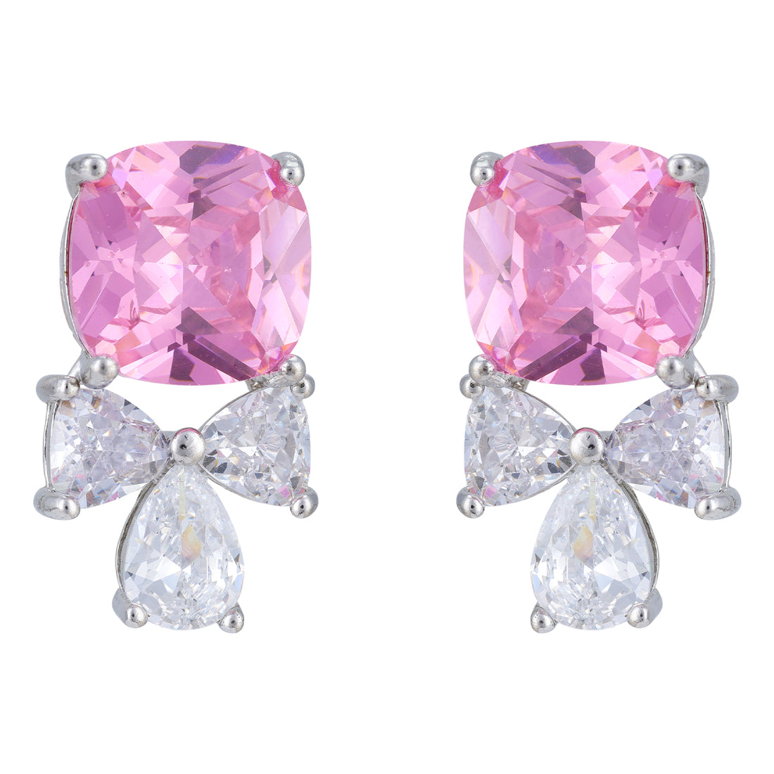925 Sterling Silver Rhodium Plated Pink Stone Bow Drop Earrings For Women