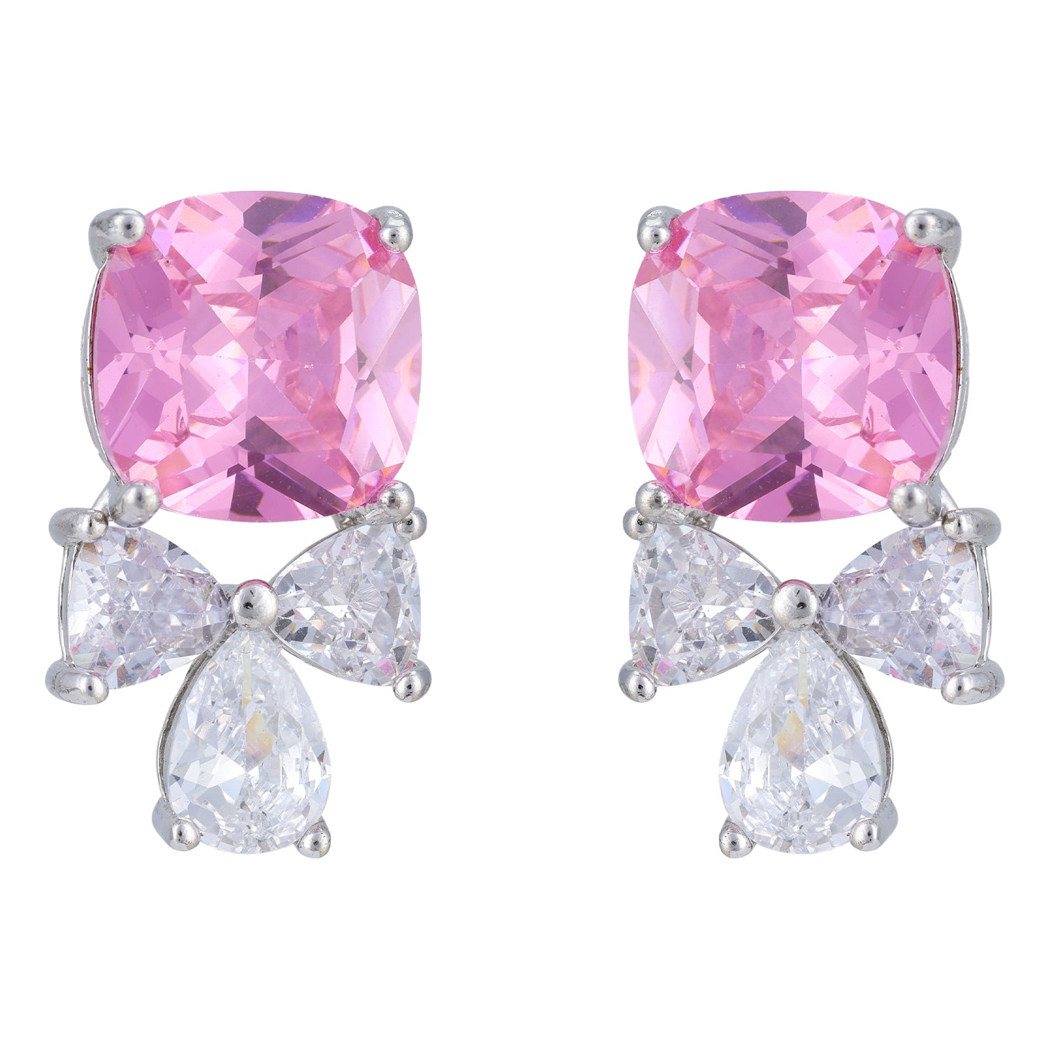 925 Sterling Silver Rhodium Plated Pink Stone Bow Drop Earrings For Women