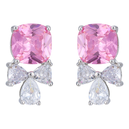 925 Sterling Silver Rhodium Plated Pink Stone Bow Drop Earrings For Women