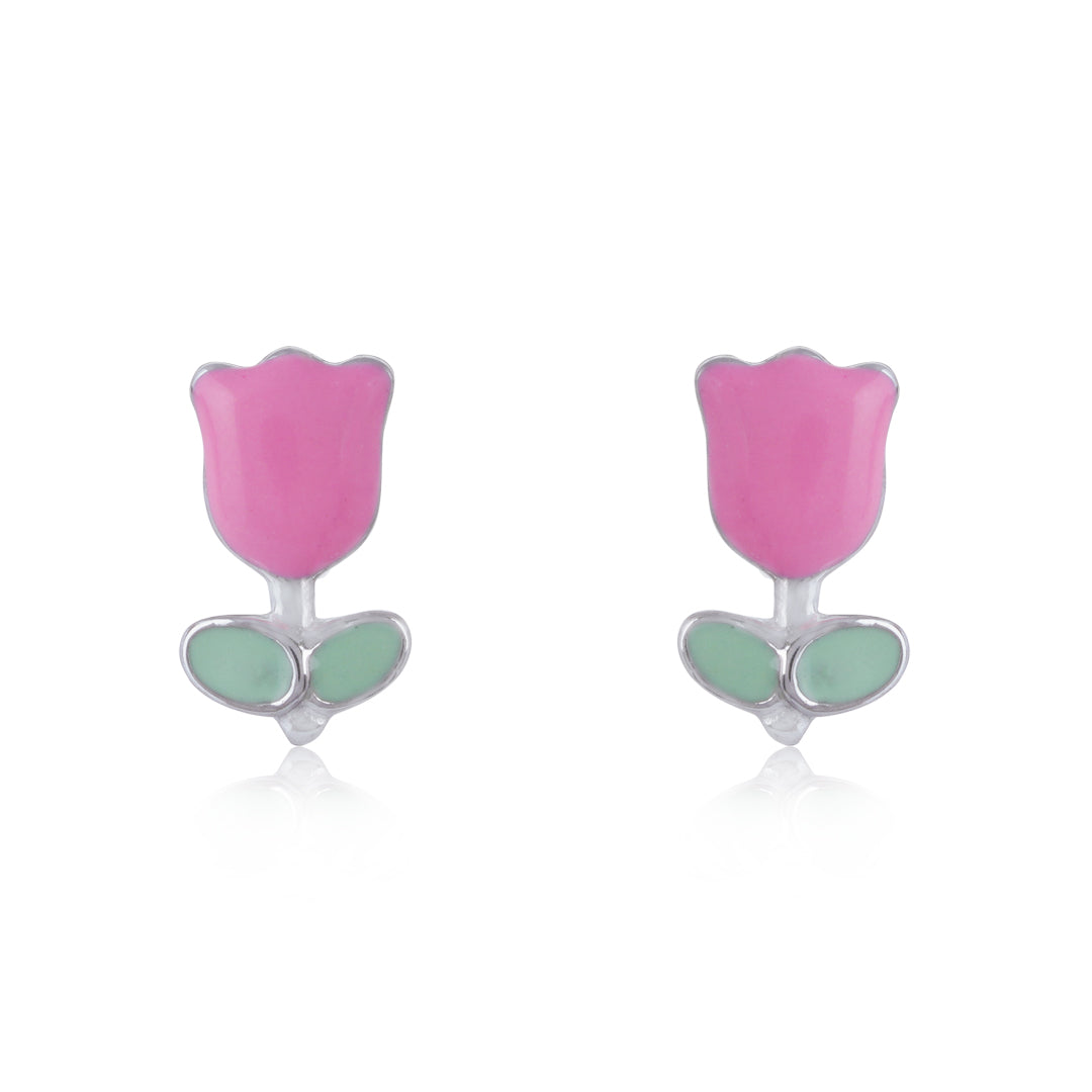 925 Sterling Silver Rhodium Plated  Pink Tulip Stud For Kids