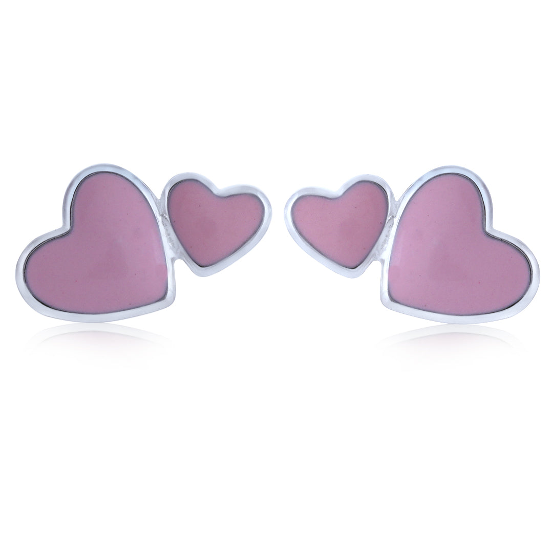 925 Sterling Silver Rhodium Plated Pinkie Paired Heart Stud For Kids