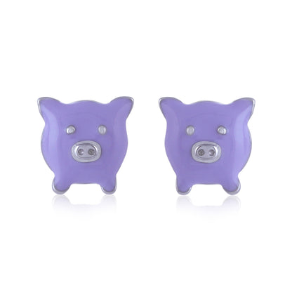 925 Sterling Silver Rhodium Plated Purple Piggy Stud For Kids