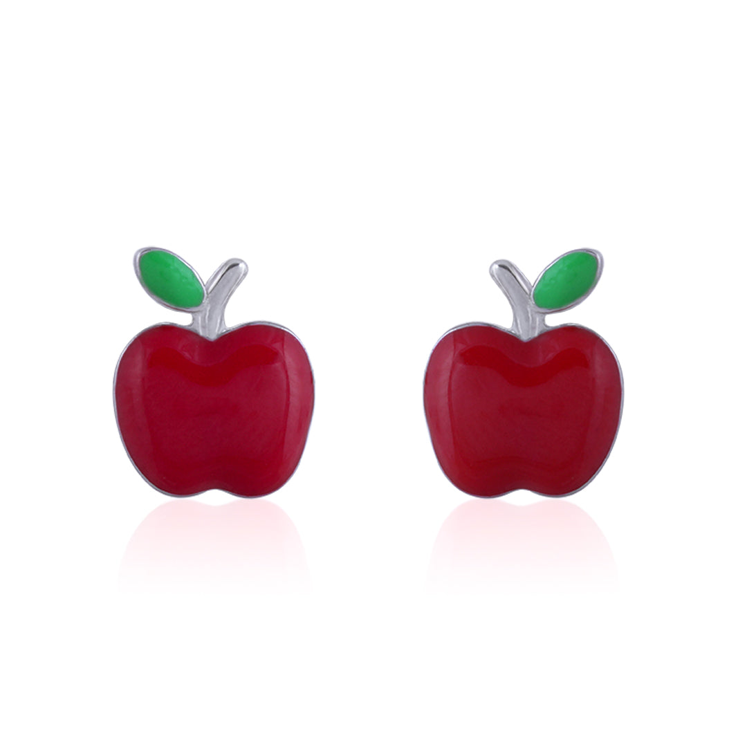 925 Sterling Silver Rhodium Plated Red Apple Stud For Kids