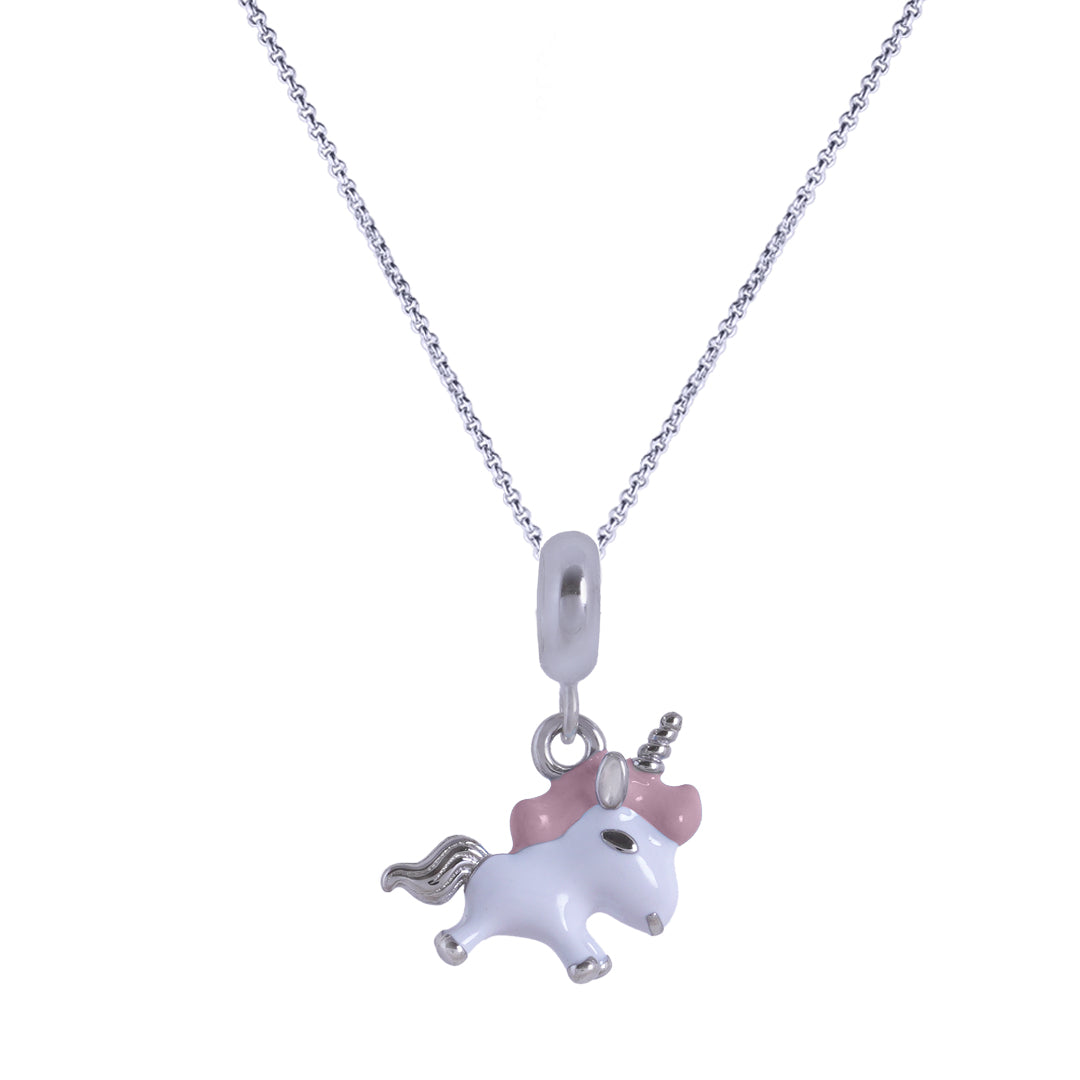 925 Sterling Silver Rhodium Plated Snowy Unicorn Pendant For Kids