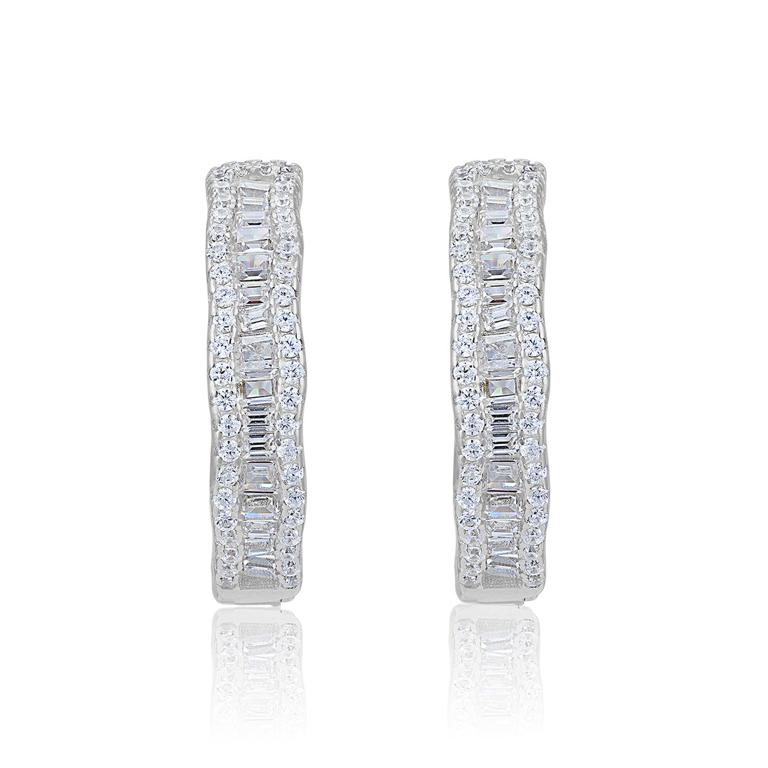 925 Sterling Silver Rhodium Plated Sparkling Twin Track Baguette Cut Eternity Earring for Women