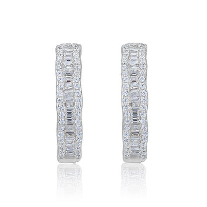 925 Sterling Silver Rhodium Plated Sparkling Twin Track Baguette Cut Eternity Earring for Women