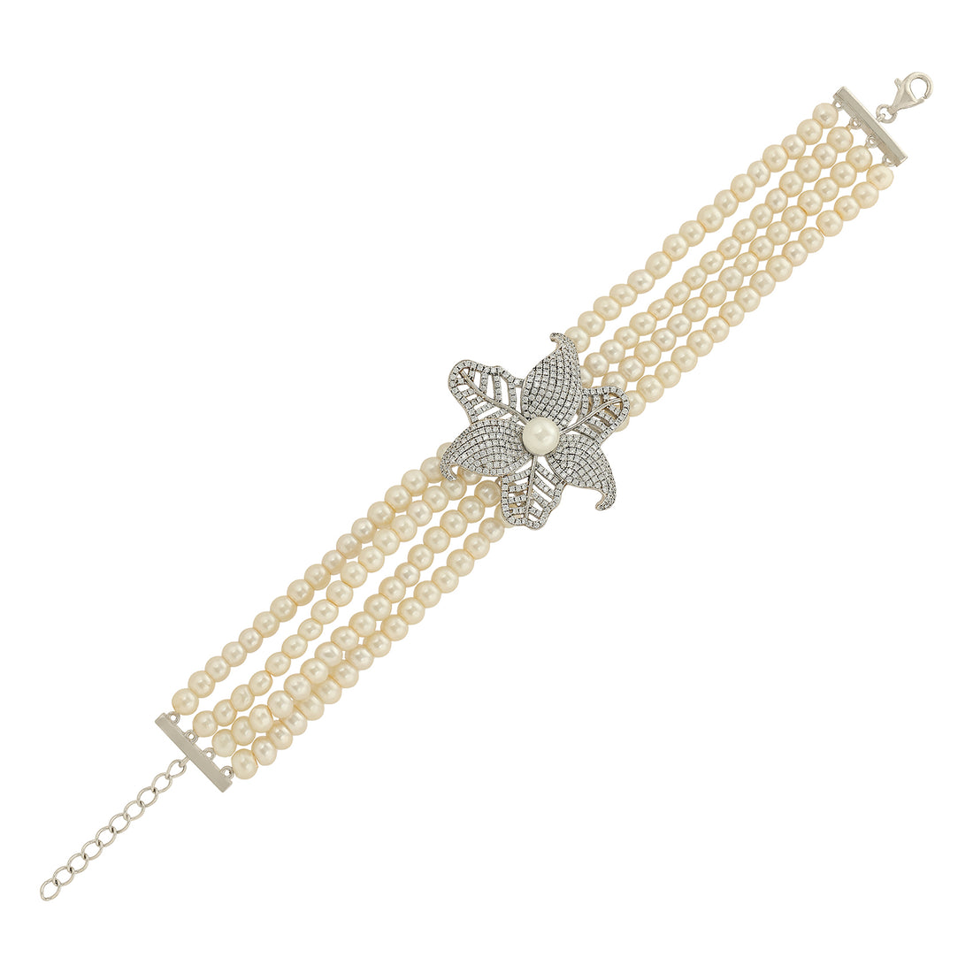 925 Sterling Silver Rhodium Plated Stacked Pearl Bloom Centered Bracelets For Women