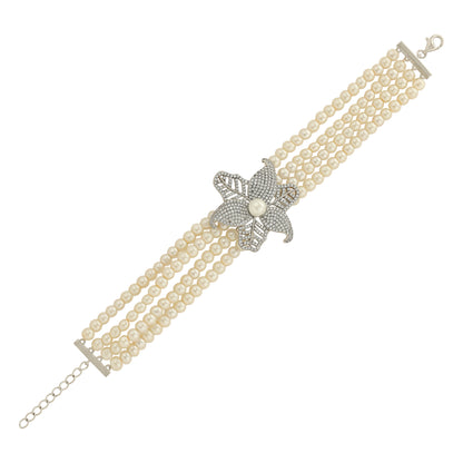 925 Sterling Silver Rhodium Plated Stacked Pearl Bloom Centered Bracelets For Women