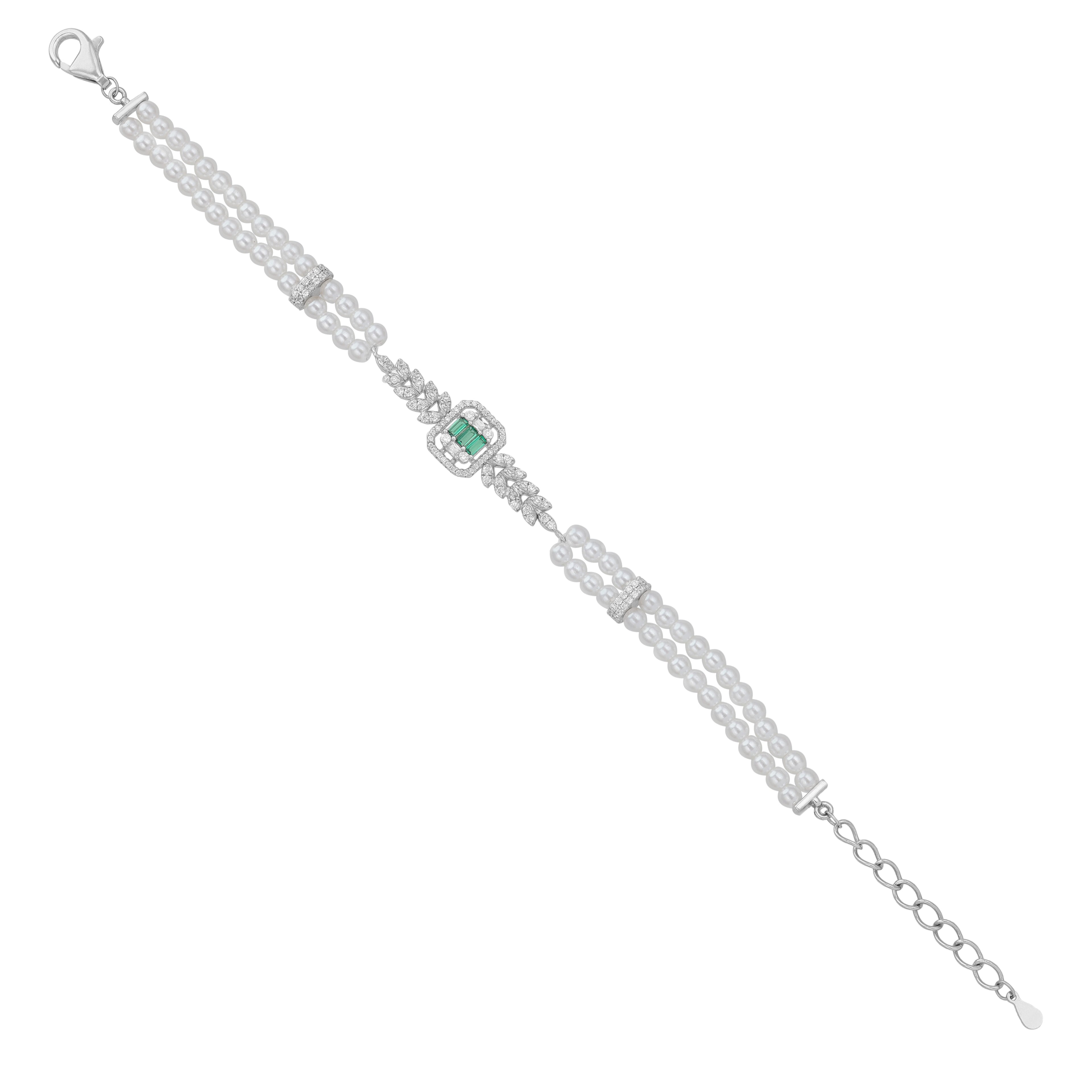 925 Sterling Silver Rhodium Plated Twin Row Pearl  Bracelet For Women