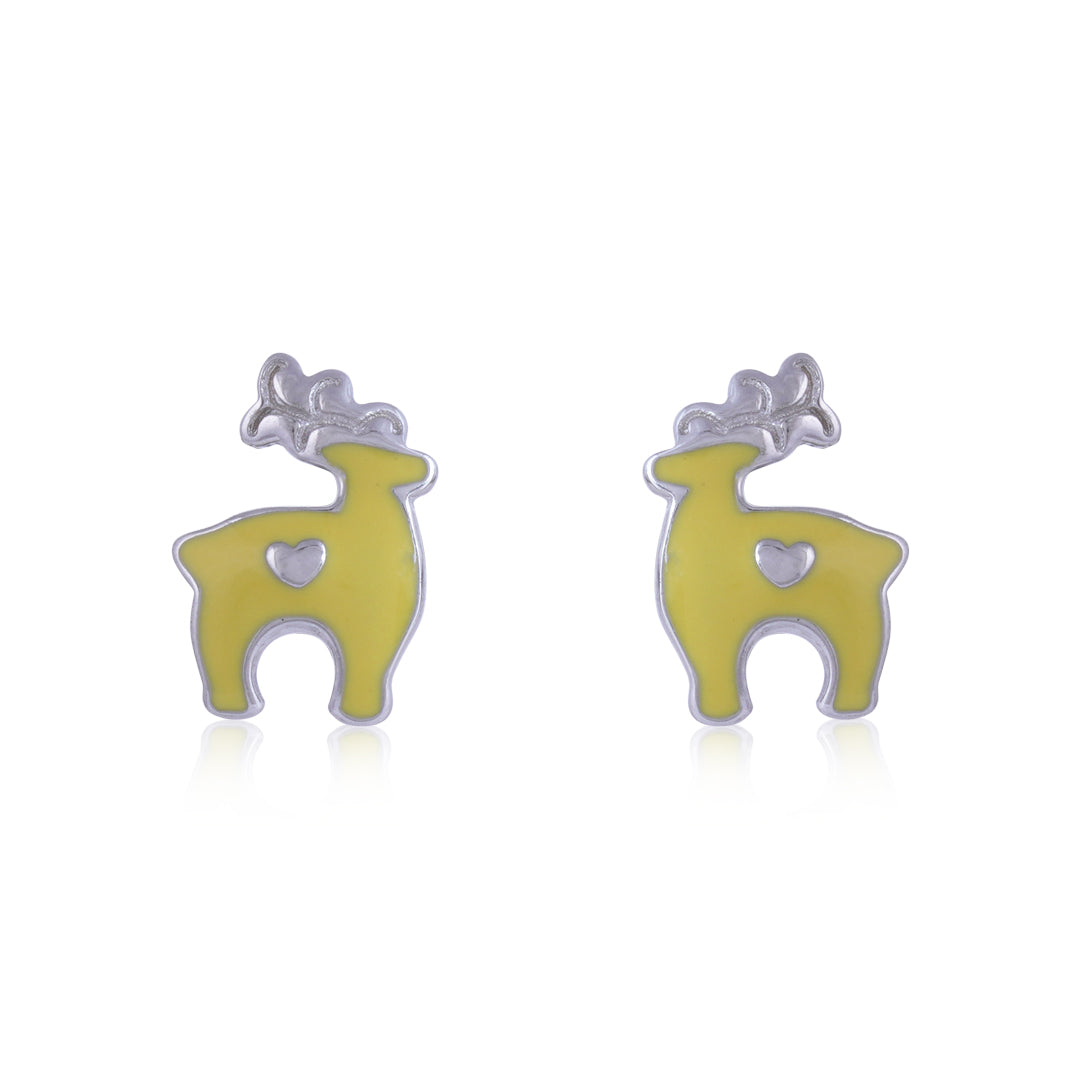 925 Sterling Silver Rhodium Plated Yellow Reindeer Stud For Kids