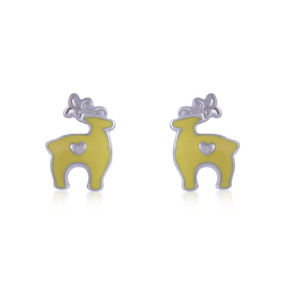 925 Sterling Silver Rhodium Plated Yellow Reindeer Stud For Kids