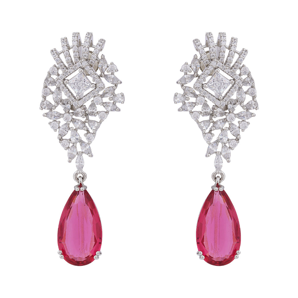 925 Sterling Silver Rhodium Red Drop Earring