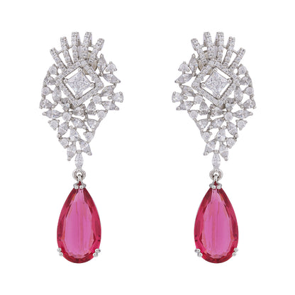 925 Sterling Silver Rhodium Red Drop Earring