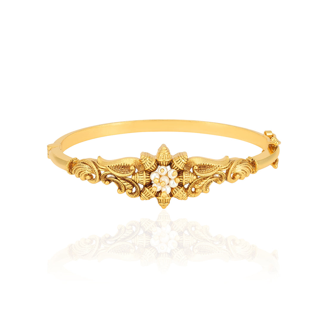 925 Sterling Silver Ridged Floral Pearl Centre Kada For women