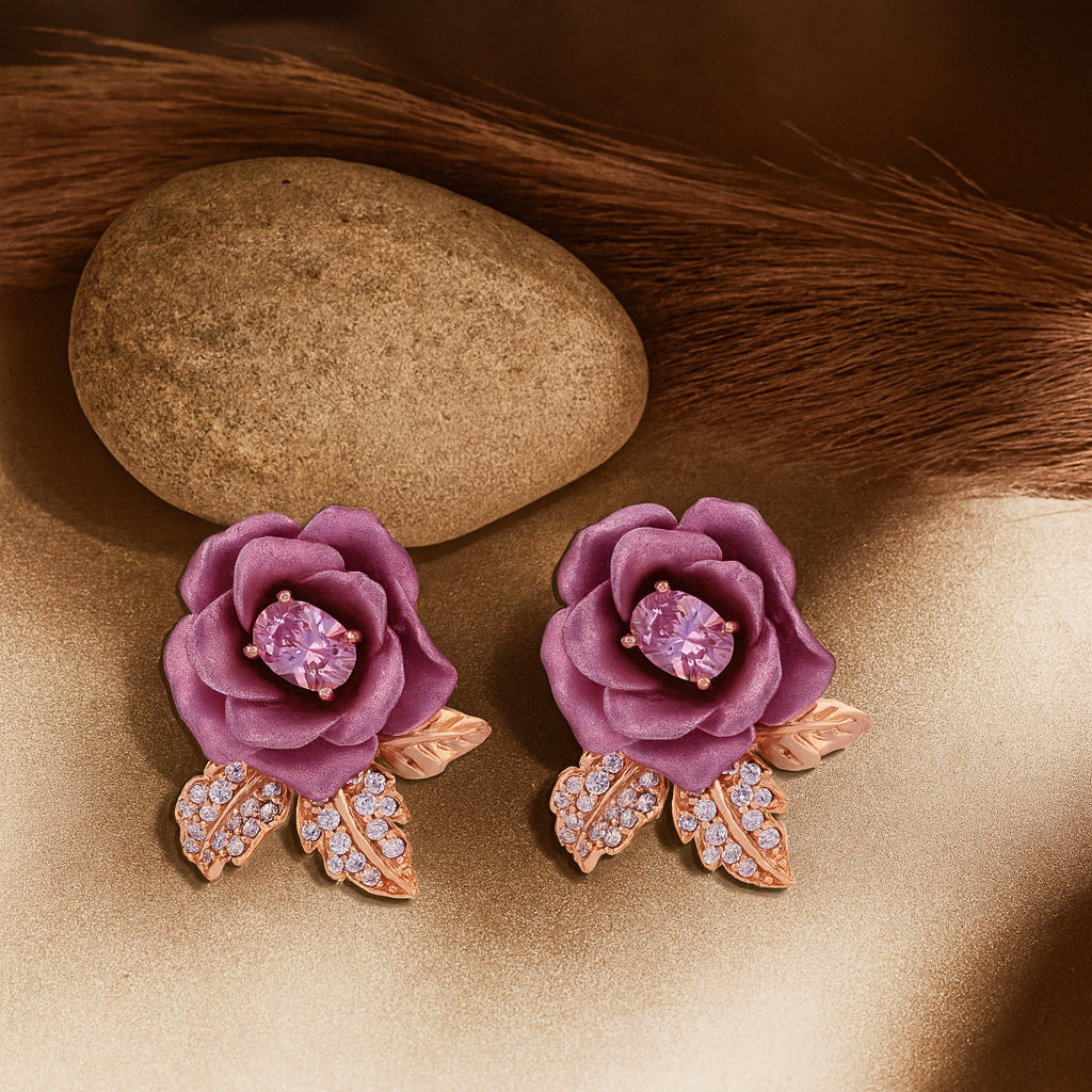 925 Sterling Silver Romantic Floral Motif Crystal Embellishment Earrings for Women