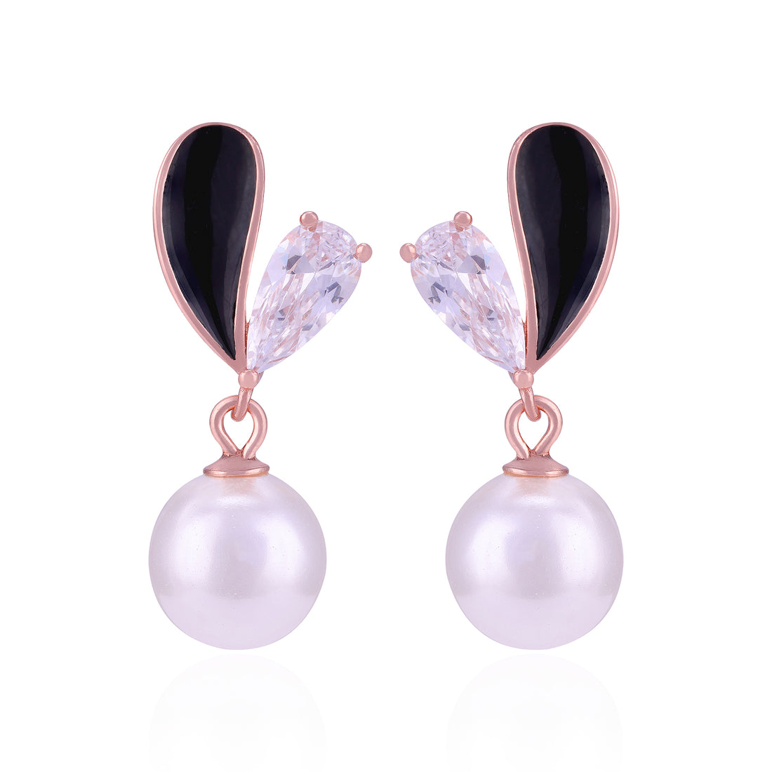 Pearl earrings with black and clear gemstones