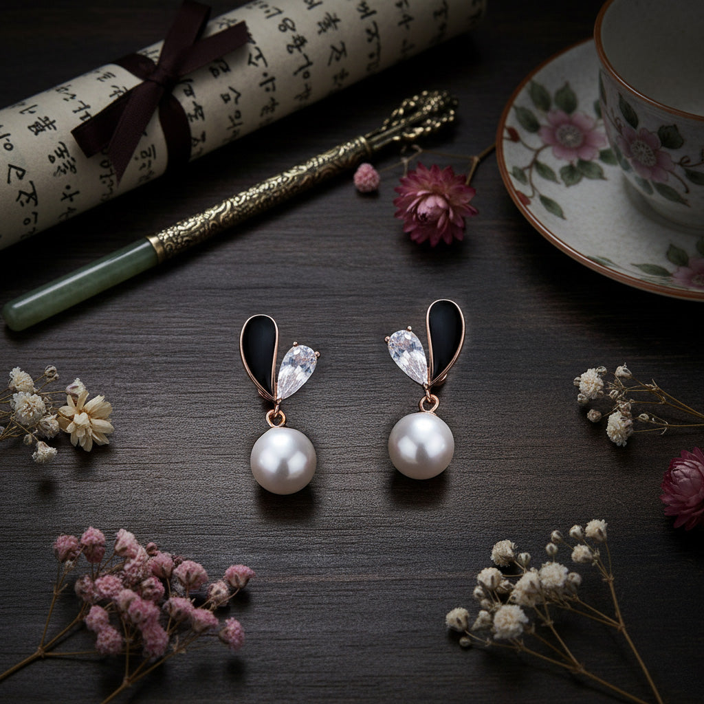 Pearl earrings on a dark surface with flowers and a tea cup in the background