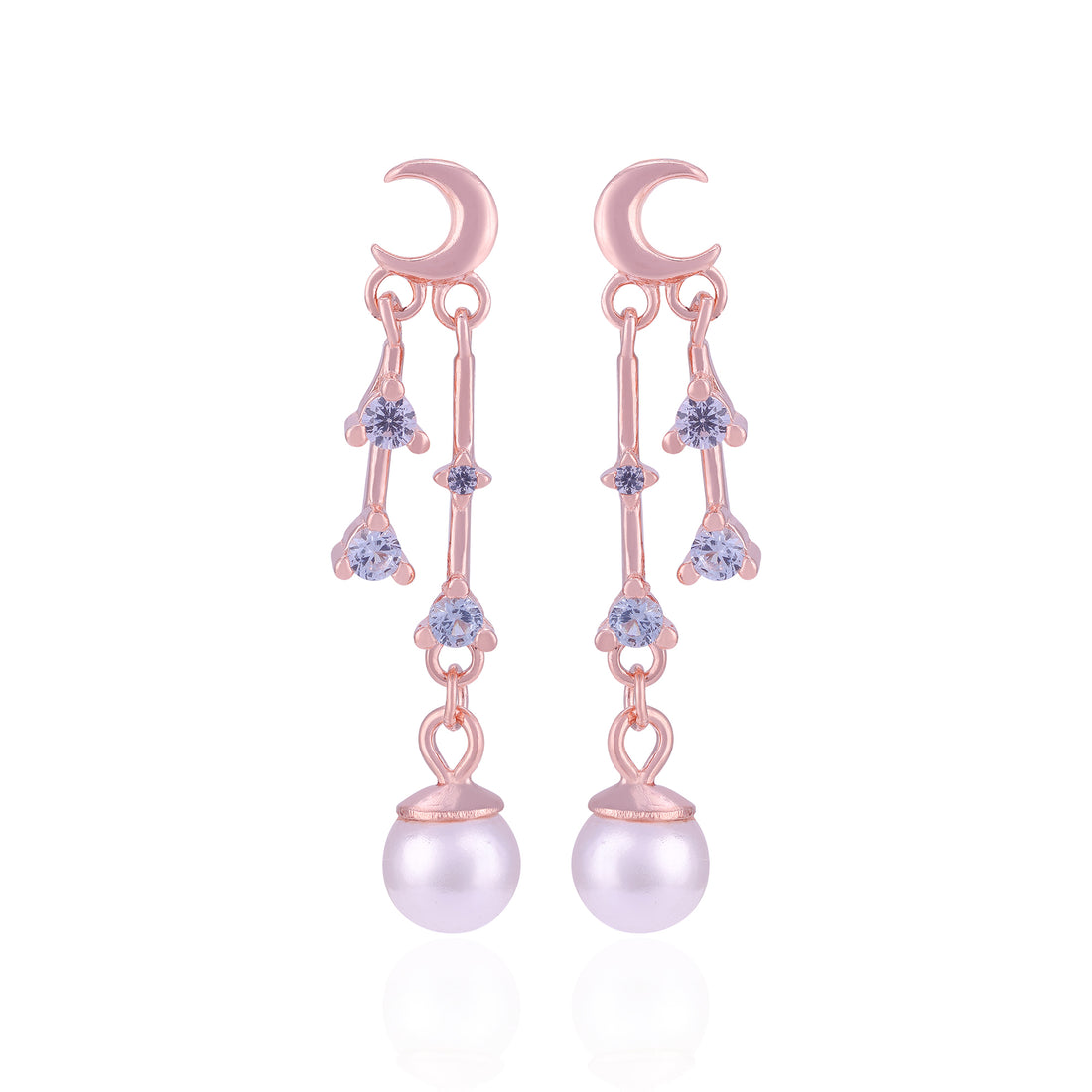 Rose gold earrings with pearl drops and gemstones on a white background