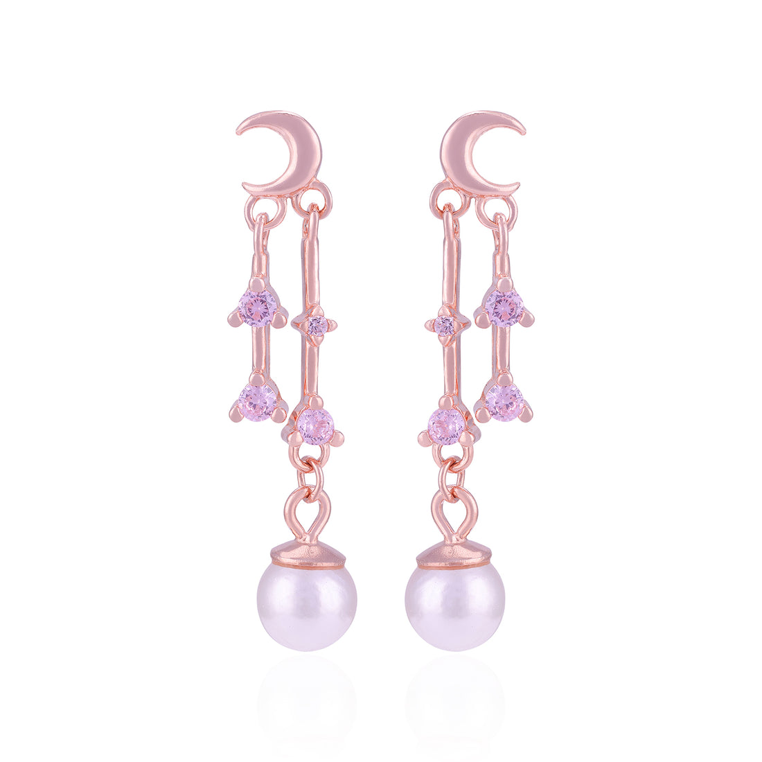 Pair of pink earrings with moon designs and pearl-like beads on a white background