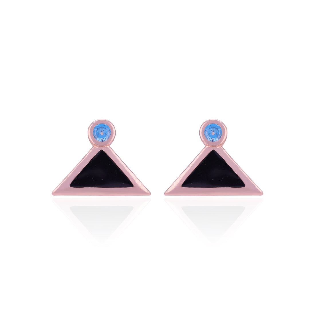 Pair of triangle-shaped earrings with pink, black, and blue colors on a white background